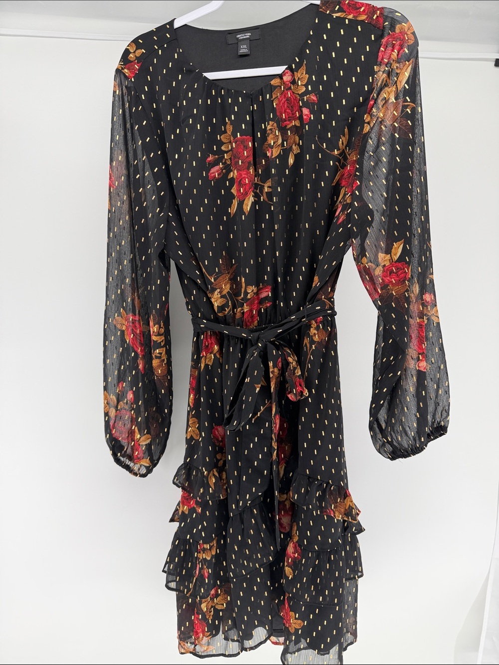 Simply Vera Vera Wang Black Floral Long-Sleeve Tiered Dress with Belt